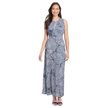 Imagem de London Times Vestido feminino com decote reunido sem mangas Maxi-ocasião especial comprimento até o tornozelo formal, Azul-marinho/marfim, 38