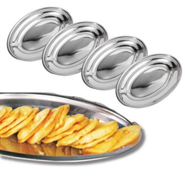 Imagem de Kit 4 Travessa Inox Rasa 26cm Oval Servir Porção Gourmet Mix
