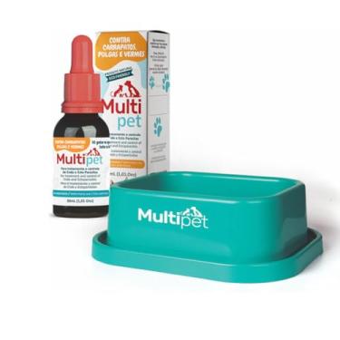 Imagem de Medicamento Multipet Pulgas e Carrapatos 30ml + Bebedouro 200ml (Bebedouro Azul, 30ml)