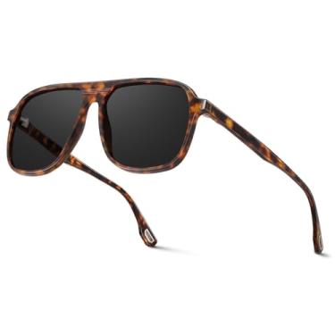 Imagem de KISDATE OPTICS Óculos de sol aviador retrô de acetato polarizado, masculino e feminino, antipoluição por óleo/antiágua do mar/lentes resistentes a arranhões, Armação tartaruga/lente cinza, Medium