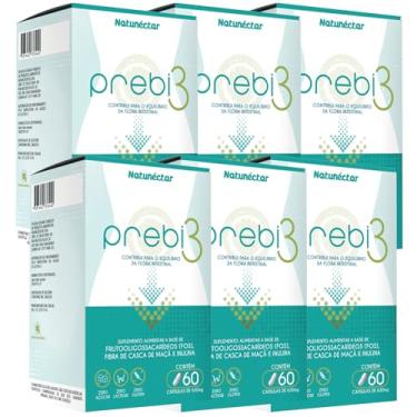 Imagem de Kit Combo 6 Prebi3 Prebiótico 60 Cápsulas 630mg Natunéctar Frutooligossacarídeos Casca Maça Inulina