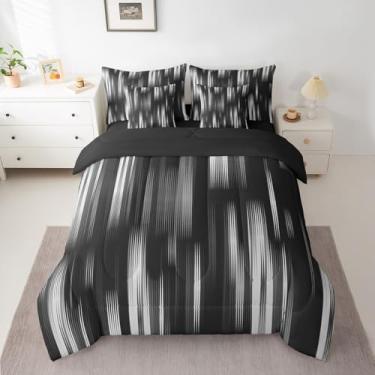 Imagem de Feelyou Conjunto de cama King geométrico reversível cinza ombré, preto, 7 peças, arte listrada moderna em uma bolsa com edredom, lençóis, fronhas, mulheres, homens, adolescentes, decoração abstrata