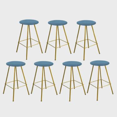 Imagem de Kit 07 Banqueta Alta Loni Eiffel Industrial Cozinha Bar Balcão Bistrô Ferro Dourado Suede Azul Turquesa - Ahz Móveis