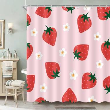 Imagem de Linda cortina de chuveiro de morango 182 x 182 cm moderna estética rosa claro flor fruta tecido poliéster cortina de chuveiro para banheiro para meninas e crianças com 12 ganchos lavável