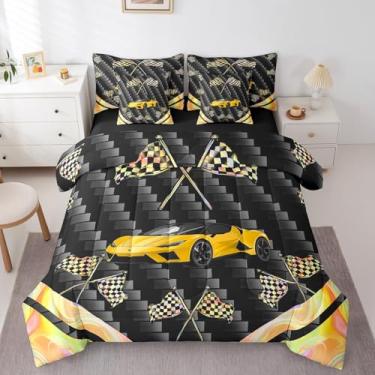 Imagem de Feelyou Conjunto de cama casal de carro de corrida amarelo, 7 peças, para esportes radicais, para crianças, adolescentes, adultos, velozes e furiosos, conjunto de cama com bandeira deslumbrante
