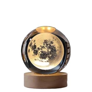 Imagem de Luminária Cristal de Mesa Sistema Solar Saturno Lua Galáxia LED Base Madeira Enfeite Decorativo Casa(Lua)