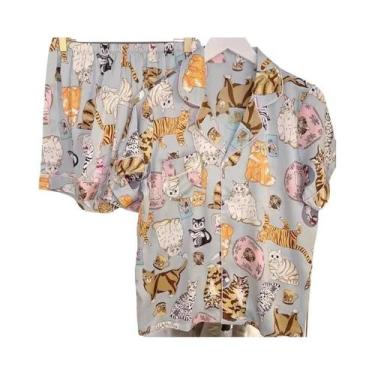 Imagem de Conjunto De Pijama Feminino Fofo De Gato Preto, Seda Simulada, Verão, 