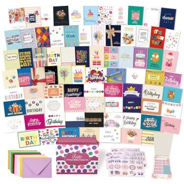 Imagem de 80 cartões de aniversário exclusivos - cartões de aniversário sortidos com saudações no interior - Cartões de feliz aniversário com envelopes e adesivos - Grande 12,7 x 17,8 cm - Conjunto de caixas de cartões de aniversário sortidos em massa