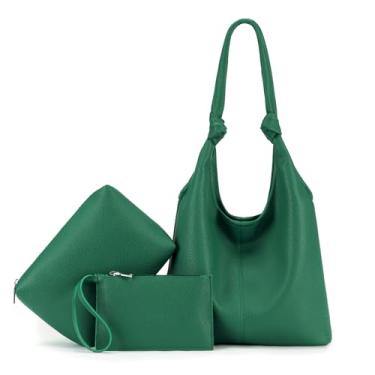 Imagem de Conjunto de bolsas Hobo de couro vegano, bolsa de ombro despojada, bolsas Hobo com nó para mulheres com uma pequena bolsa e bolsa clutch, Verde, Extra Large