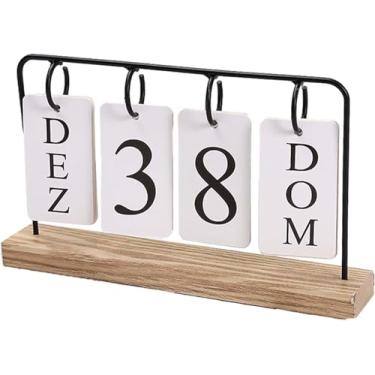 Imagem de Calendário Decorativo de Mesa em Madeira com Plaquinhas Reversíveis, 27 x 15,8 x 5 cm, Preto e Branco