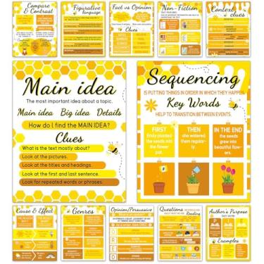 Imagem de QOUBAI 12 peças de pôsteres de sala de aula de compreensão de leitura abelha artes em inglês quadro de avisos decoração de gráfico pôster de canto de leitura para decoração de parede do ensino
