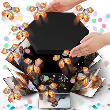Imagem de Dunzoom Caixa de presente surpresa de borboleta voadora, grande caixa de presente de aniversário DIY com 12 peças de borboleta voadora, decoração de fantasia explosiva para aniversário, casamento