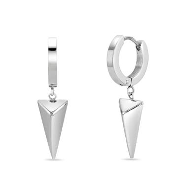 Imagem de Metro Jewelry Brincos de argola triangular para homens e mulheres - Brincos de pirâmide pendurados de aço inoxidável - Argolas articuladas unissex de 7 mm de largura - Joias geométricas modernas, aço