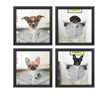 Imagem de kit 4 quadros decorativos, banheiro, lavabo, toalete, doguinhos - molduras em madeira, com vidro. (pretas)