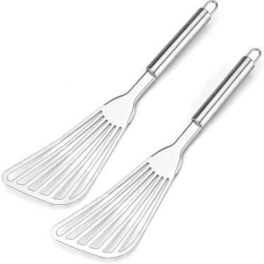 Imagem de Kit Com 2 Espátula Vazada Para Peixes Frituras e Grelhados Em Aço Inox Linha Luxo Modelo Grande 33cm