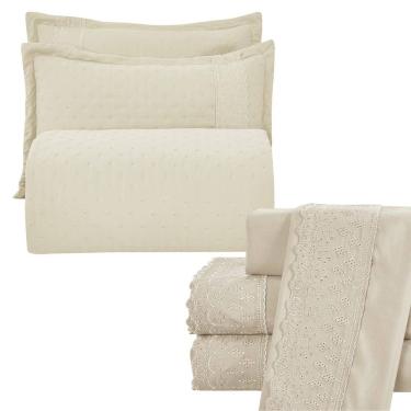 Imagem de Kit Cobre Leito Casal Padrão + Jogo De Lençol Micropercal 300 Fios Com Bordado Inglês Santorini 7 Peças - Bege