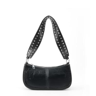 Imagem de HUGROSE Bolsa de ombro feminina, bolsa Y2K de couro espaçosa com zíper suave e alça ajustável, bolsa Y2K com gancho durável, Preto