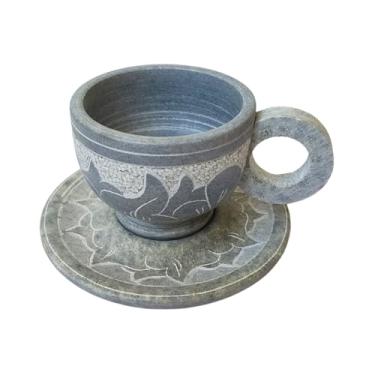 Imagem de Xícara Copo Pedra Sabão C/Pires Decorativa Presente Dia Mães (Natural)