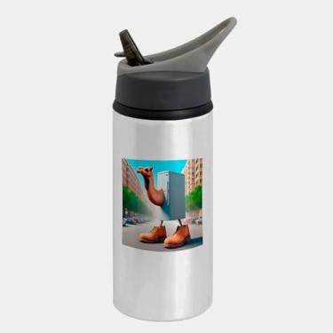 Imagem de Garrafa Squeeze Bico Prateada Premium 600ml - Frigo Camello Brainrot Meme