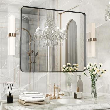 Imagem de Fun Memories Espelho de banheiro preto 71 x 81 cm, espelho grande com moldura preta de metal, espelho de parede moderno para banheiro, vidro temperado, espelho de fazenda, horizontal ou verticalmente