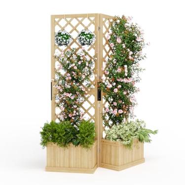 Imagem de Tela de privacidade de cedro com caixa de plantador - 104 x 25 x 165 cm, 2 painéis de cerca de jardim independentes articulados, orifícios de drenagem, divisória de madeira natural para pátio, deck