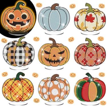 Imagem de DoubleFill 9 peças luminosas para decoração de mesa com diamantes de outono e diamantes de abóbora dupla face para adultos que brilham no escuro Halloween Abóbora Centros de mesa para mesa