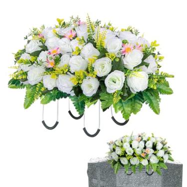 Imagem de Sela de flores artificiais de cemitério para lápide, flores de túmulo memorial para cemitério ao ar livre, lápide de lápide (branca)