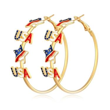 Imagem de Brincos femininos de 4 de julho patrióticos americanos de argola, vermelho, branco e azul, pentagrama, dia da independência, acessórios de joias patrióticas para ela, Zinco, Sem pedra preciosa