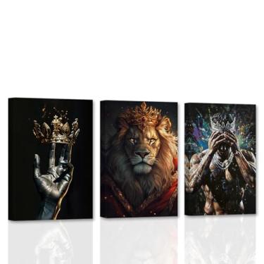Imagem de DOARTDO Arte de parede afro-americana, tela de rei preto, 3 peças, homem negro, coroa, leão, fotos, impressão, pôsteres africanos, moldura para decoração de sala de estar (30 x 40 x 3 peças)