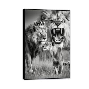 Imagem de Rei Leão e Rainha com Coroa Moldura Preta Arte de Parede Preto e Branco Animais Selvagens Africanos Impressões em Tela Imagens de Arte Moderna para Sala de Estar Quarto 90 x 60 cm (36 x 24 pol.)