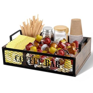 Imagem de Yalikop Organizador de estação de café, bar, suporte de creme de café para bancada de chá e condimentos, cesta de armazenamento de madeira rústica com malha de ferro para decoração organizadora de
