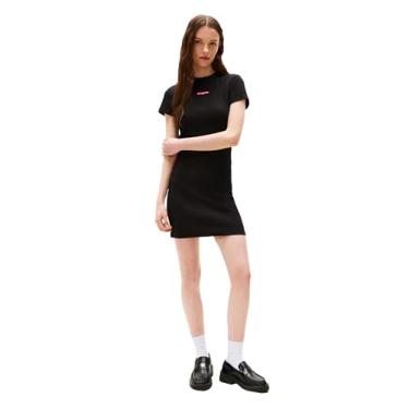 Imagem de Tommy Jeans Minivestido feminino de manga curta canelada com detalhe de logotipo, Preto, PP