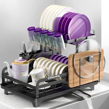Imagem de KLEMING| Escorredor de Louças de Aço Carbono Inoxidável, Resistente à Ferrugem, Escorredor de Pratos Multifuncional para Bancada de Cozinha com Bandeja Drenagem automática, Antiderrapante, Preto.