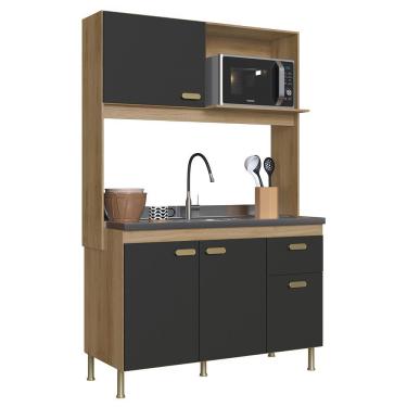 Imagem de Cozinha Compacta Veneto 122cm 4 Portas e 1 Gaveta - Indékes Castani/Chumbo