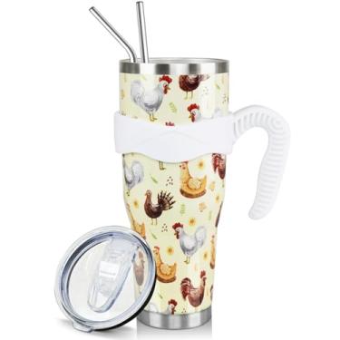 Imagem de Paqoygl Copo de frango de 1,134 g com alça e canudo, caneca de café de galo de galo garrafa de água isolada de aço inoxidável, presente de frango amarelo para amantes de frango, aniversário, Natal