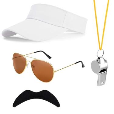 Imagem de Honic Conjunto de 4 peças de acessórios de fantasia de treinador de futebol inclui chapéus de sol com viseira de sol, barba e apitos com cordão para homens, Halloween, futebol, festa, cosplay