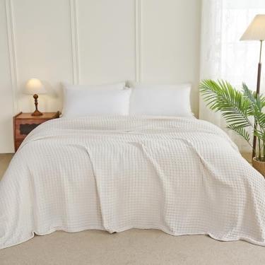 Imagem de Aganear Cobertor de waffle - Cobertor de verão leve e respirável de 50% algodão e 50% raiom derivado de bambu para dormir quente, mantas de luxo para cama, sofá e sofá, bege, 264 x 224 cm