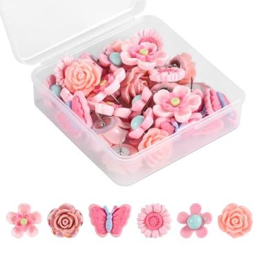 Imagem de 30 Alfinetes para Quadro de Cortiça, Cor-de-Rosa Decorativos Tachas Giras com Vários Formatos para Quadro Avisos Parede Fotos Mapa Decoração Escritório
