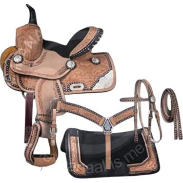 Imagem de Selim de cavalo adulto Western Barrel Racing de couro premium tamanho 39,4 cm assento disponível M14.