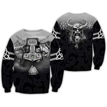 Imagem de Homens Viking Odin 3d Tatuagem Martelo De Thor Moletom Cinza, Mitologia Nórdica Moletom Casual Solto Moda Outono Pulôver Em Mais De Casal Jaqueta Bolso Canguru, Sweatshirt, M