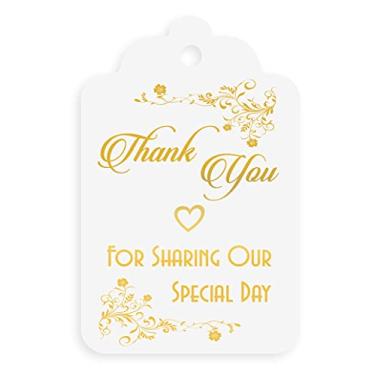 Imagem de Etiquetas douradas de agradecimento para lembrancinhas, pacote com 50, obrigado por compartilhar nosso dia especial, etiquetas de papel, casamento, aniversário de 16 anos, festa, folha de ouro
