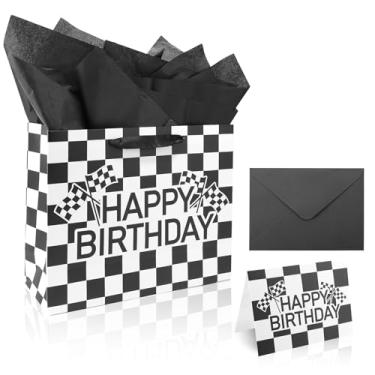 Imagem de BOXOB Sacolas Presente Festa Corrida, Sacolas Presente de Aniversário com Envelopes para Cartões Comemorativos Suprimentos para Festa Aniversário Xadrez Preto e Branco em Papel Sydney