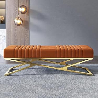 Imagem de Banco Estofado De Veludo De Luxo,banco De Sapato De Entrada Confortável Com Base Dourada,banco De Sofá De Acento Multifuncional De Fim De Cama De Quarto Moderno, Orange, 60x38x42cm(24x15x17inch)