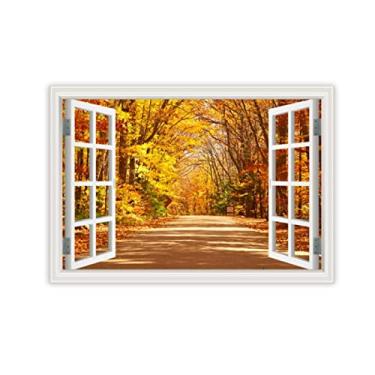 Imagem de Impressão em tela para parede janela linda floresta outono 3D falsa janela vista paisagem pintura natureza imagem impressão em tela arte de parede para sala de estar 60 x 90 cm 23.6x89 cm sem moldura
