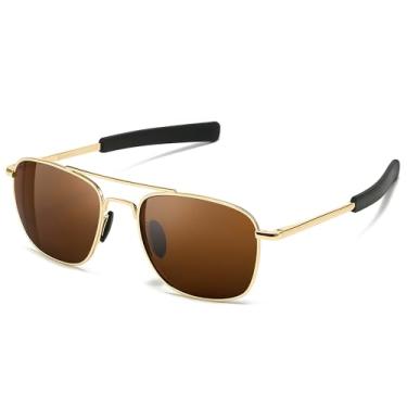 Imagem de SUNGAIT Óculos de sol com lentes de vidro real, estilo militar, piloto, aviador, HD, com hastes de baioneta com dobradiça de mola atualizada, Marrom (lente de vidro real)/armação dourada
