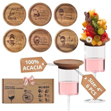 Imagem de Princess Drink Topo de copo de vinho de charcutaria, pratos de aperitivo de madeira para taças de vinho, mini tábuas de charcutaria, acessórios de charcutaria (6 peças)
