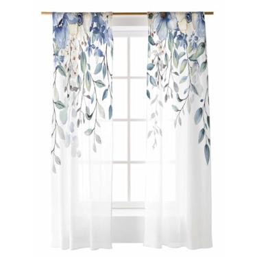 Imagem de Cortinas transparentes de folha de eucalipto azul e verde, 213 cm de comprimento, flores brancas, aquarela, folhas de outono, casa de fazenda, conjunto de 2 painéis, cortinas semitransparentes para