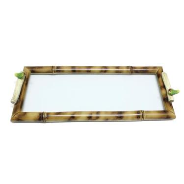 Imagem de Bandeja de Vidro e Bambu Natural com Pássaro de Cerâmica para Café da Manhã Servir ou Decorar Mesa Posta (GRANDE (42 X 18 CM))