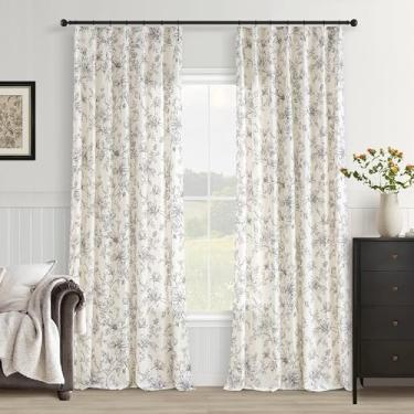 Imagem de Cortinas de linho florais pretas de 250 cm com aba traseira plissada para casa de fazenda neutra sala de jantar cortinas de filtragem de luz estampa floral botânica francesa country vintage cortinas