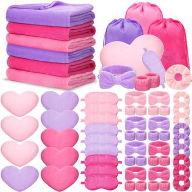 Imagem de Fanfanwin 63 peças de suprimentos de festa do pijama no spa, 9 cobertores de lã, 9 travesseiros de coração fofo, 9 máscaras de cetim para os olhos, 9 faixas de spa, 9 pulseiras, 9 elásticos de pelúcia